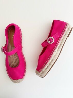 J.Crew Mary Jane Hot Pink Pearl Buckle Espadrille Flats
